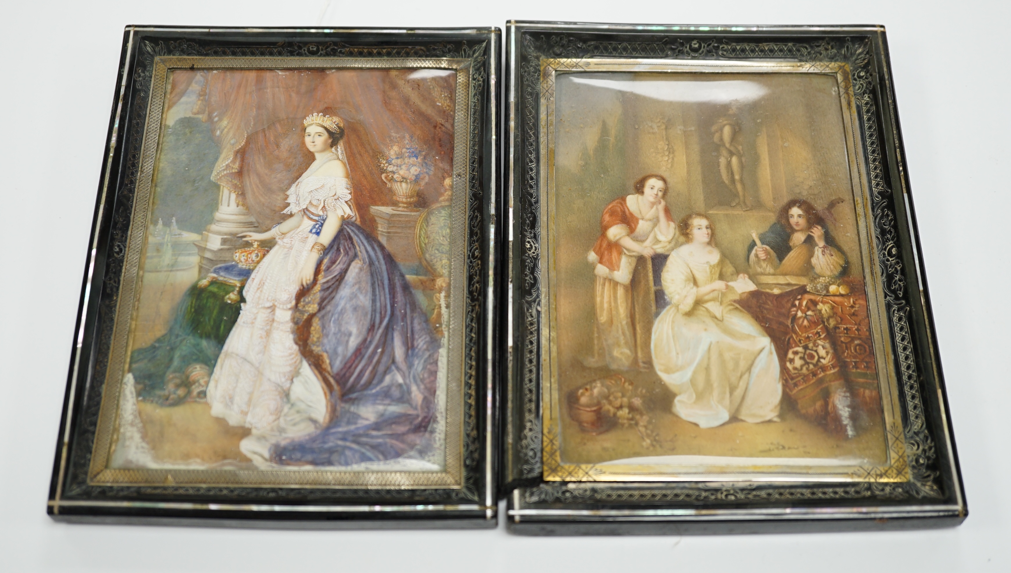A pair of mid 19th century watercolour miniatures on ivory, Queen Victoria and three figures wearing 17th century dress, housed in inlaid and ebonised frames, 13 x 9cm CITES Submission reference 644V5FRS